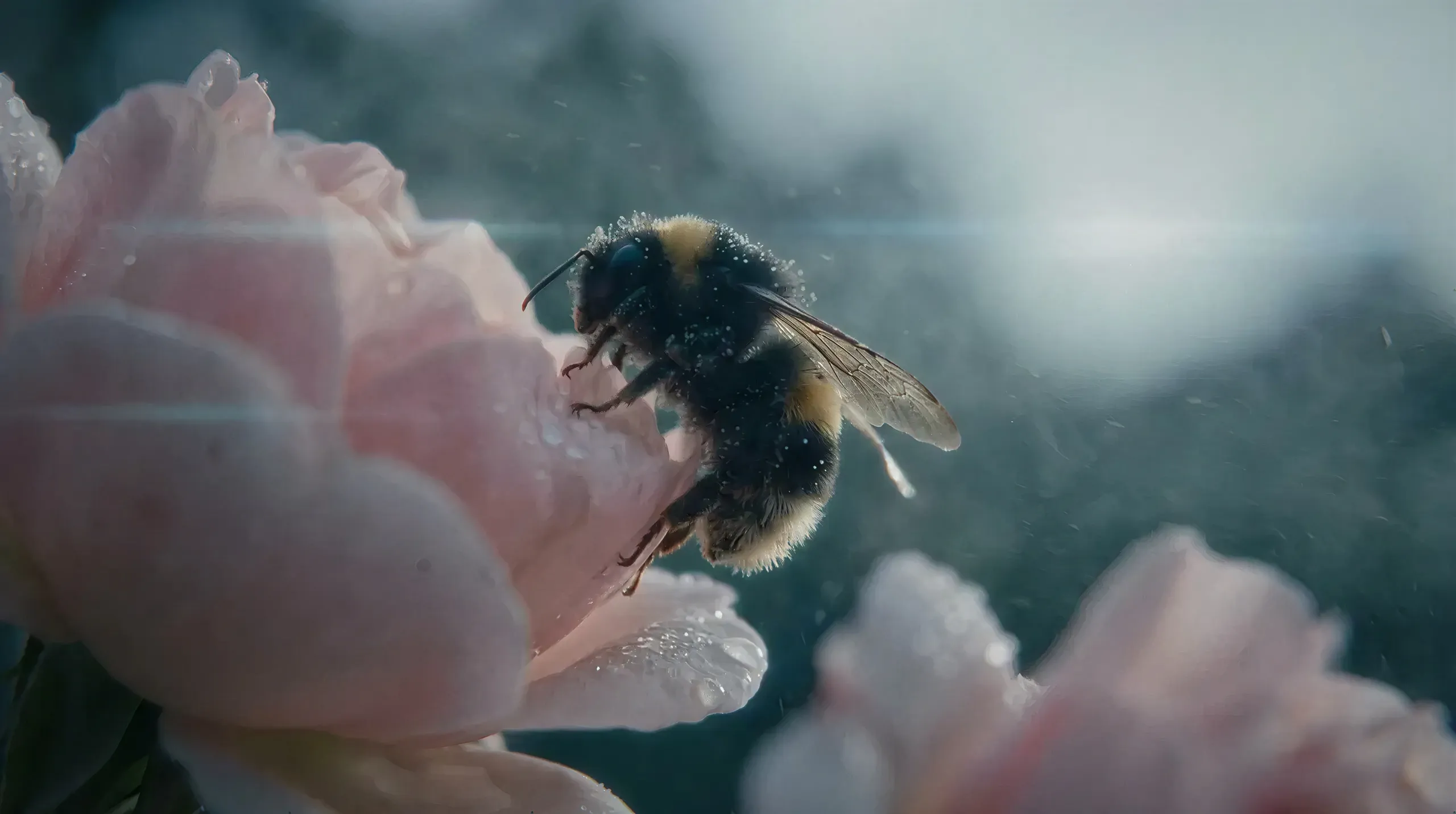 A bumblebee resting on dew-covered pink peonies in soft morning light